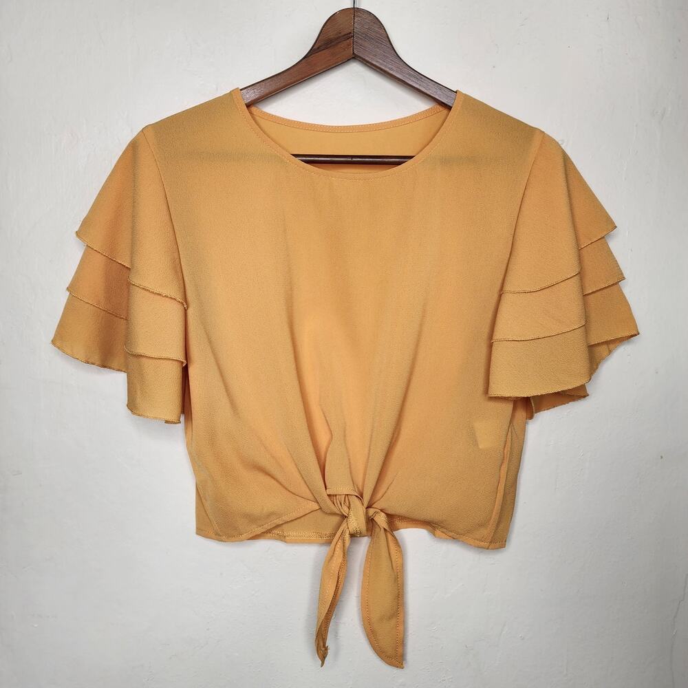 🌻3 for $18 Yellow Ruffle Sleeve Crop Tie Front Top